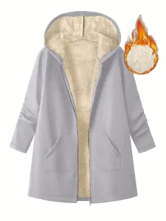 Women's Solid Color Fleece Lined Mid Length Hooded Coat - Light Gray - View 1