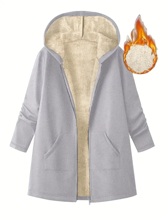 Women's Solid Color Fleece Lined Mid Length Hooded Coat Light Gray - Shop at LoveMi