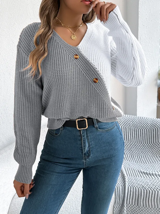 Casual V neck Button Contrast Color Lantern Sleeve Pullover Sweater Gray - Shop at LoveMi