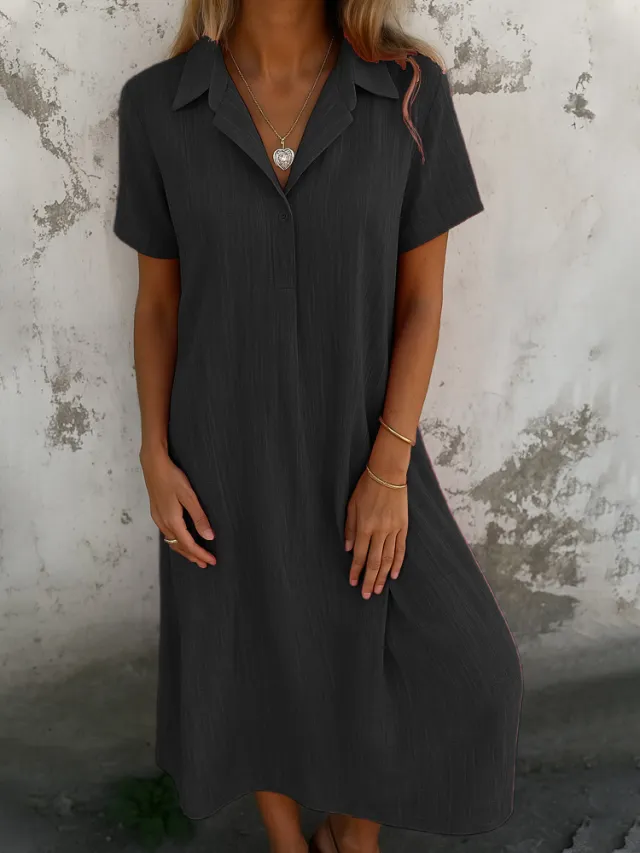 Loose Short Sleeves V neck Solid Color Cotton And Linen Shirt Dress Black - Shop at LoveMi