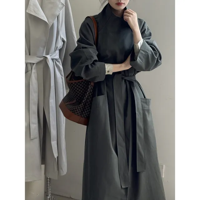Retro Lapels One Button Mid length Trench Coat Women's Belt Coat Dark Green Gray - Shop at LoveMi