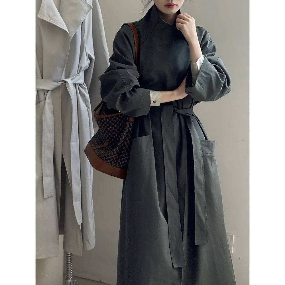 Retro Lapels One Button Mid-length Trench Coat Women's Belt Coat - Dark Green Grey