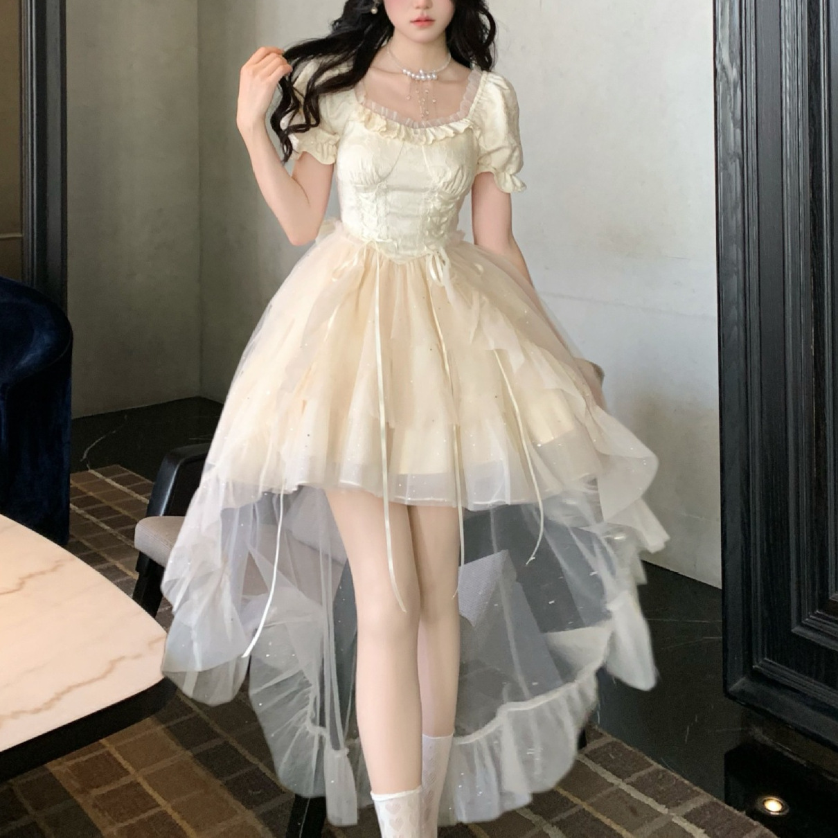 Puffy Sequined Ball Gown With A Large Bow Jacquard Design And A Trailing Skirt