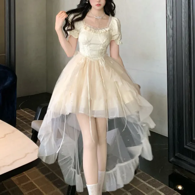Puffy Sequined Ball Gown With A Large Bow Jacquard Design And A Trailing Skirt Set L - Shop at LoveMi