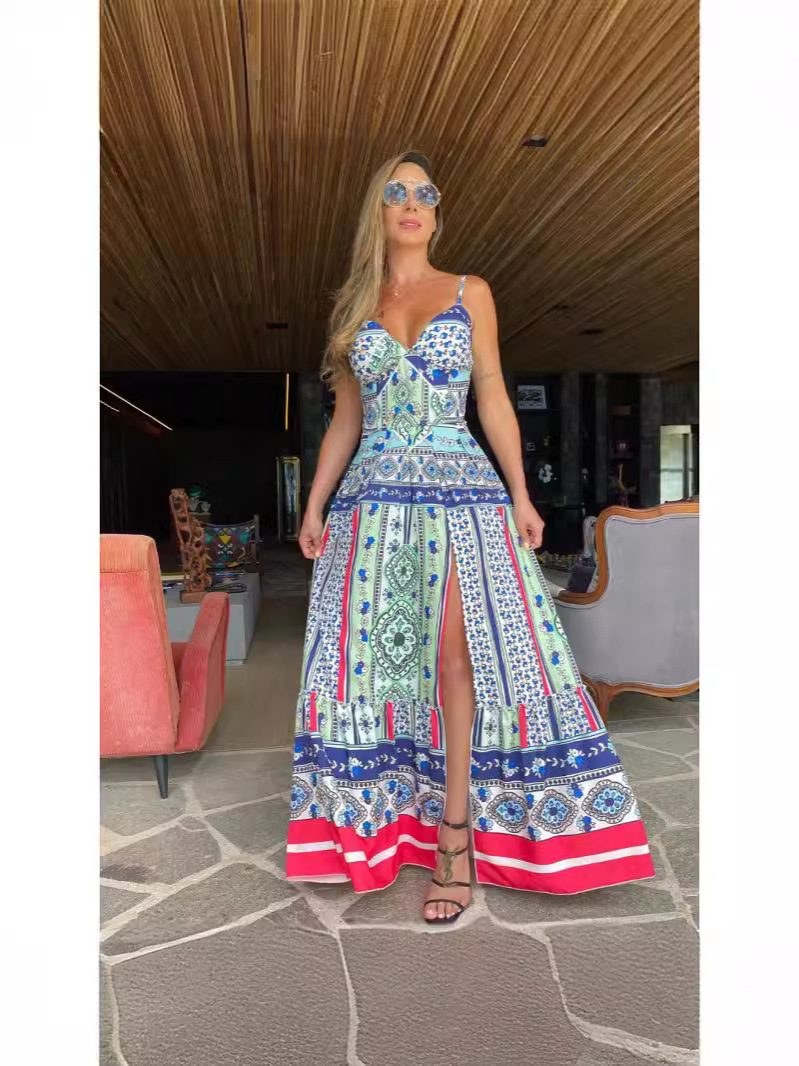Green Printing High Slit European And American Vacation Style Long Sling Dress Color - Shop at LoveMi