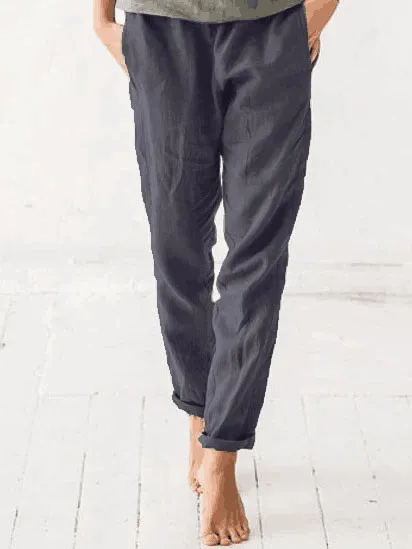 Women's Elastic Waist Solid Color Cotton And Linen Casual Trousers Blue - Shop at LoveMi