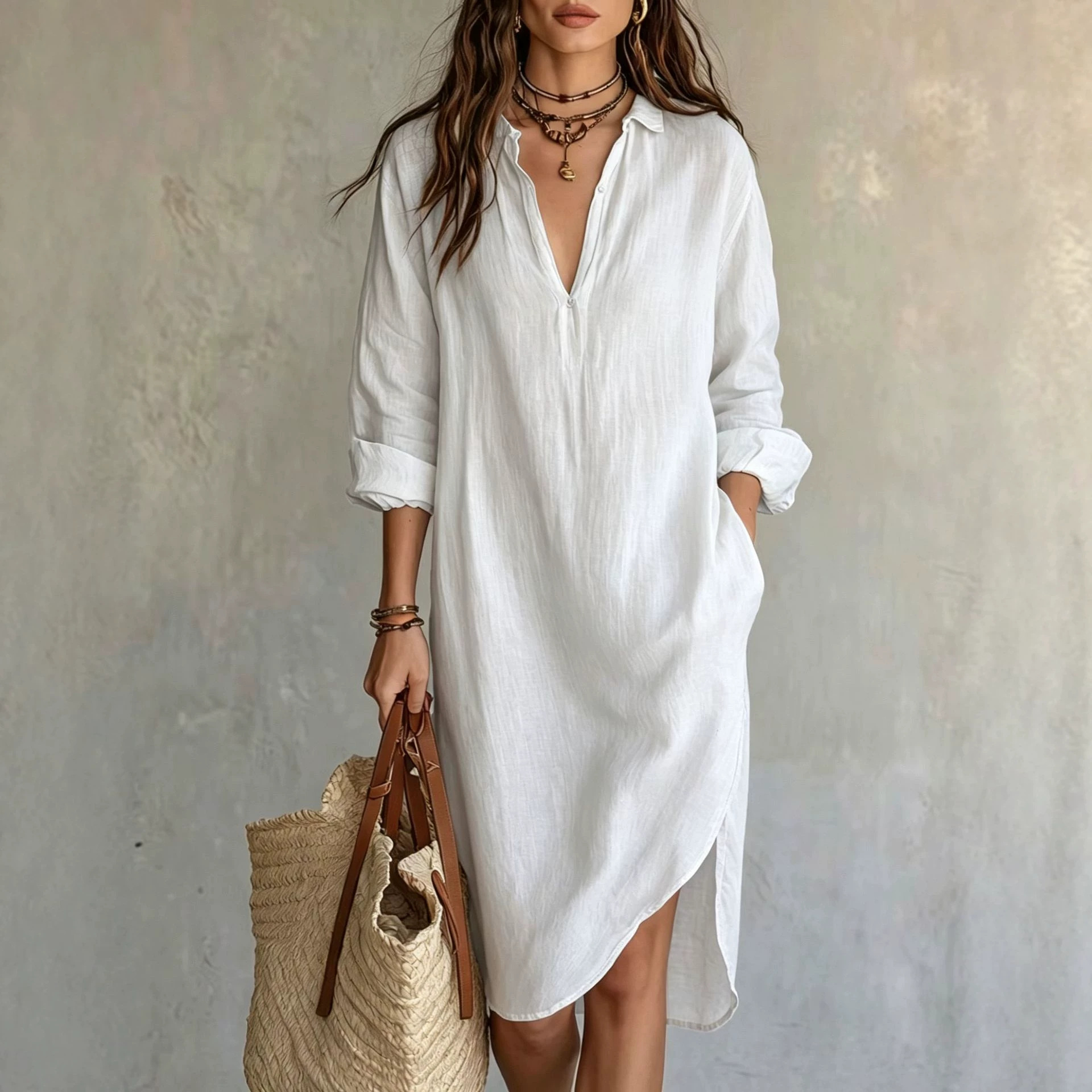 French Linen Shirt Dress With A Slit And Relaxed Style