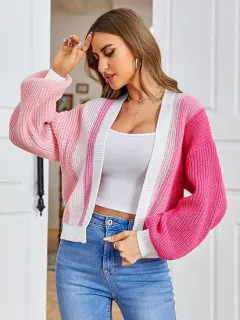 Women's Patchwork Design Fashion Loose Cardigan - Rose - View 1