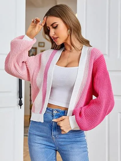 Women's Patchwork Design Fashion Loose Cardigan Rose Red - Shop at LoveMi