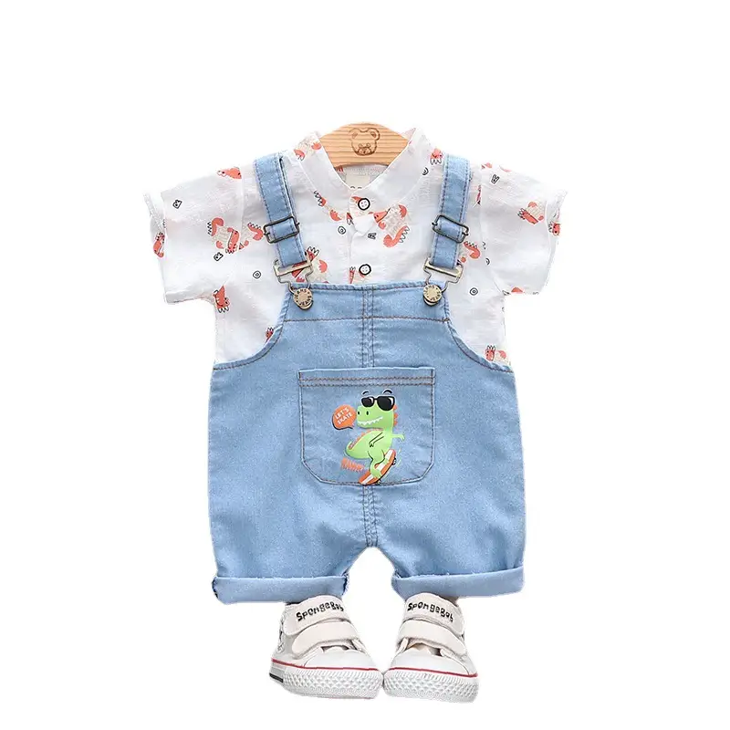 Summer Baby Cartoon Dinosaur Short Sleeve Denim Suspender Pants
