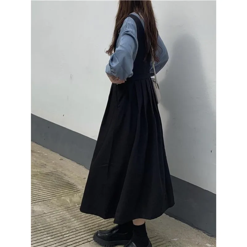 Autumn Suit Women's Shirt Extended Black Strap Dress - Black Suspender Skirt