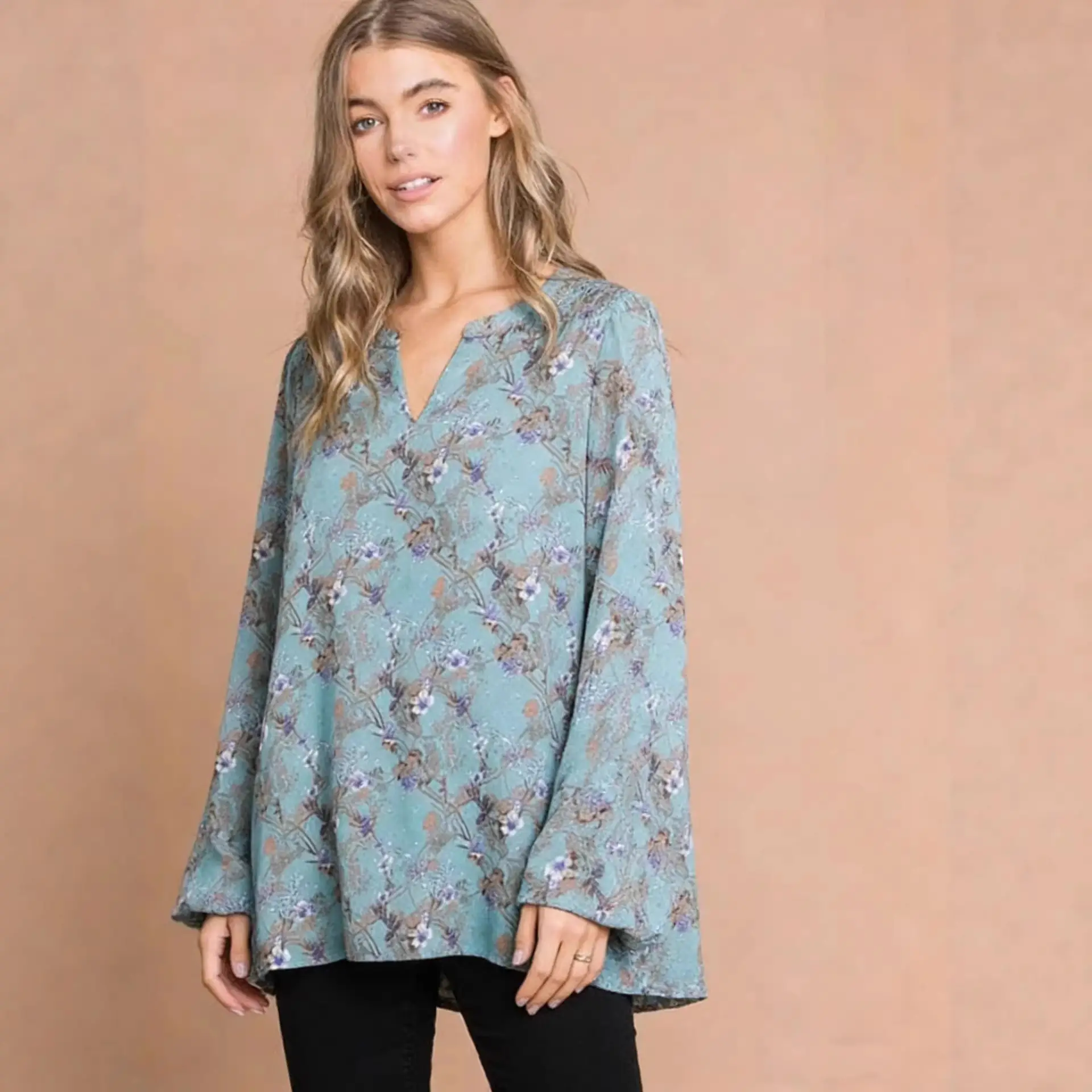 European And American Style Casual Fashion Printed V-Neck Long-Sleeve Womens Shirt