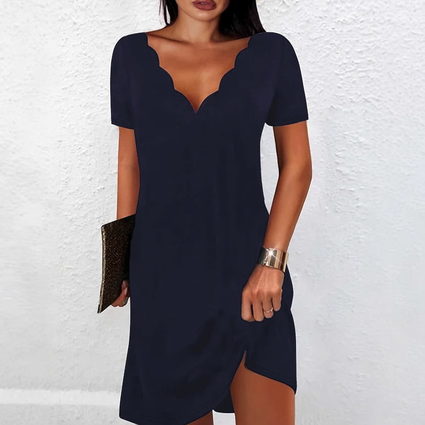 Women's Solid Color Wave V neck Short Sleeve Dress Blue - Shop at LoveMi