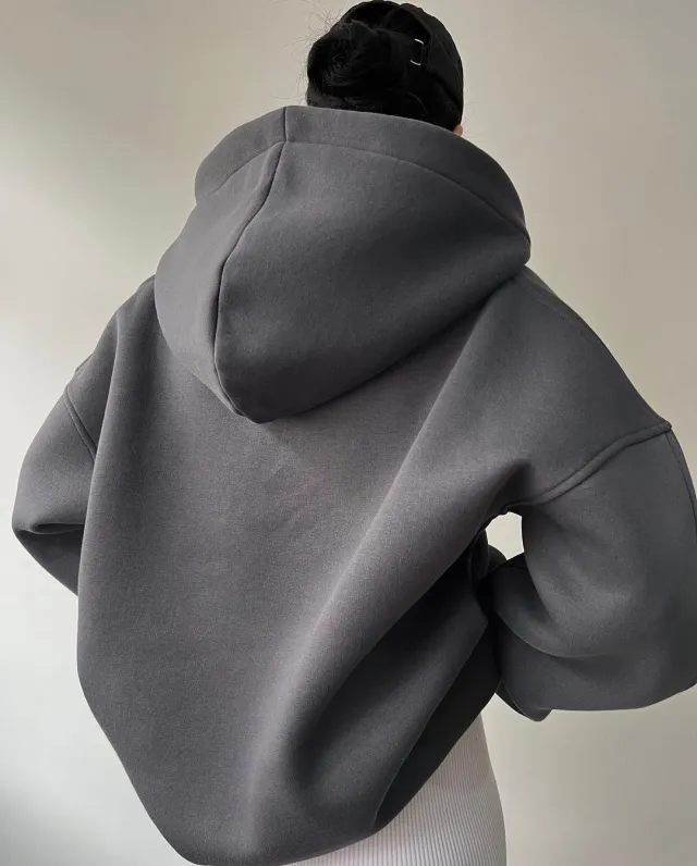 Fleece lined Hooded Printed Long sleeved Basic All matching Sweater Gray - Shop at LoveMi