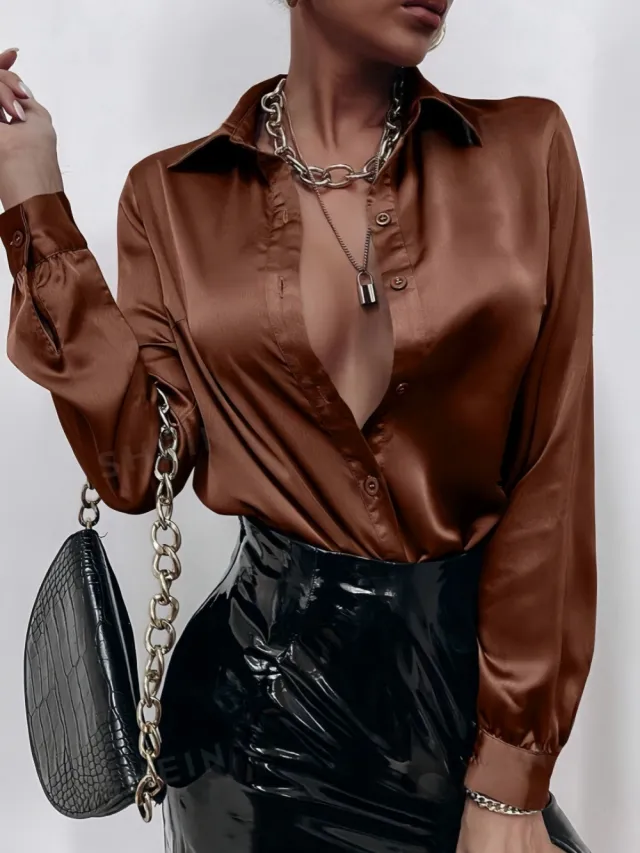 Women's Shirt Satin Silk like Long Sleeve Brown - Shop at LoveMi