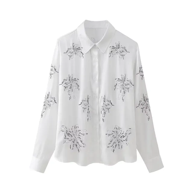 French Fashion Beaded Embroidered Shirts High Waist Casual Trousers Sets White - Shop at LoveMi