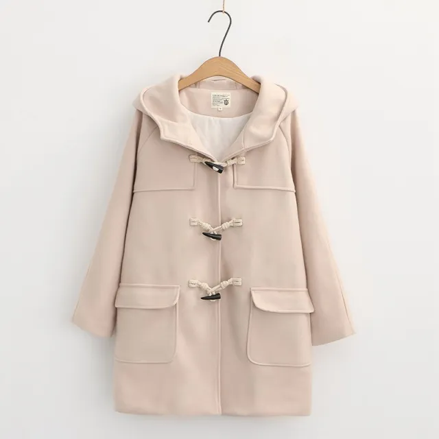 Thickened Mid length Autumn And Winter Horn Button Woolen Coat Apricot - Shop at LoveMi