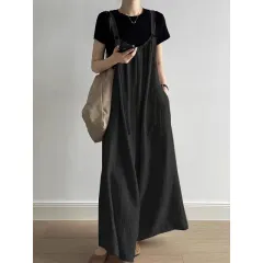 Loose Casual Wide Leg One-piece Long Pants - Black - View 1