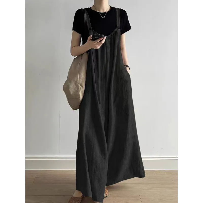 Loose Casual Wide Leg One-piece Long Pants - Black