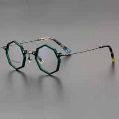Retro Ultra Light Pure Titanium Personality Polygon With Myopia Plate Glasses - Green - View 1