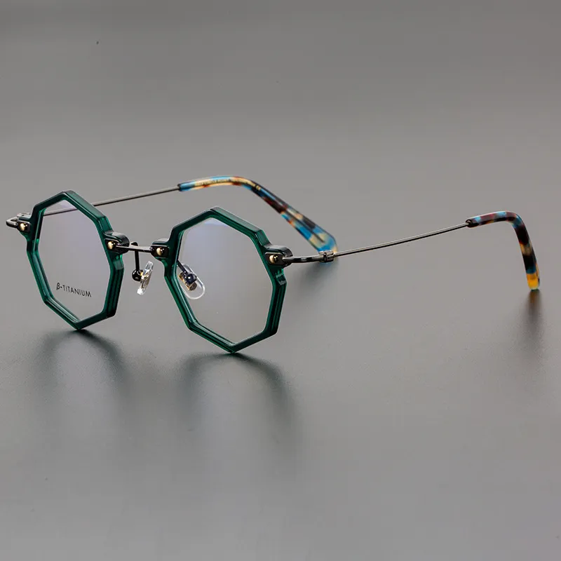 Retro Ultra Light Pure Titanium Personality Polygon With Myopia Plate Glasses - Green