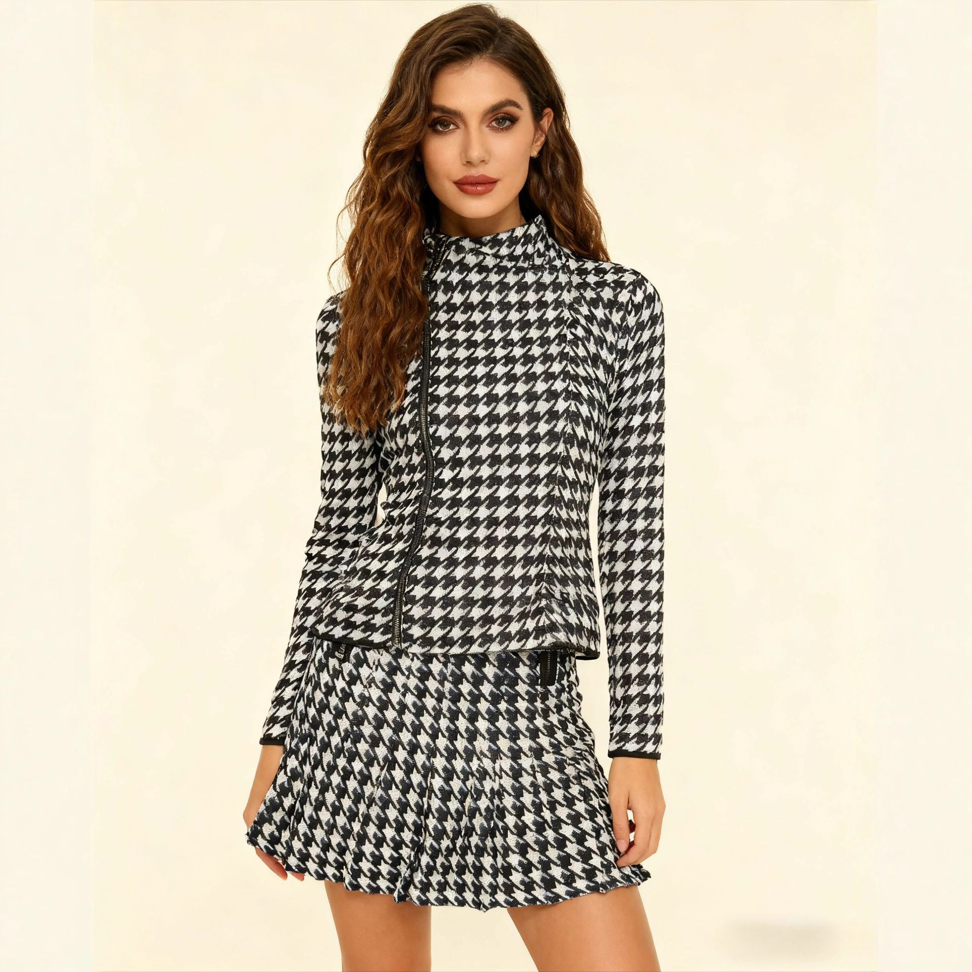 Zip-up Long-sleeve Skirt And Workwear Knit Sweater Set