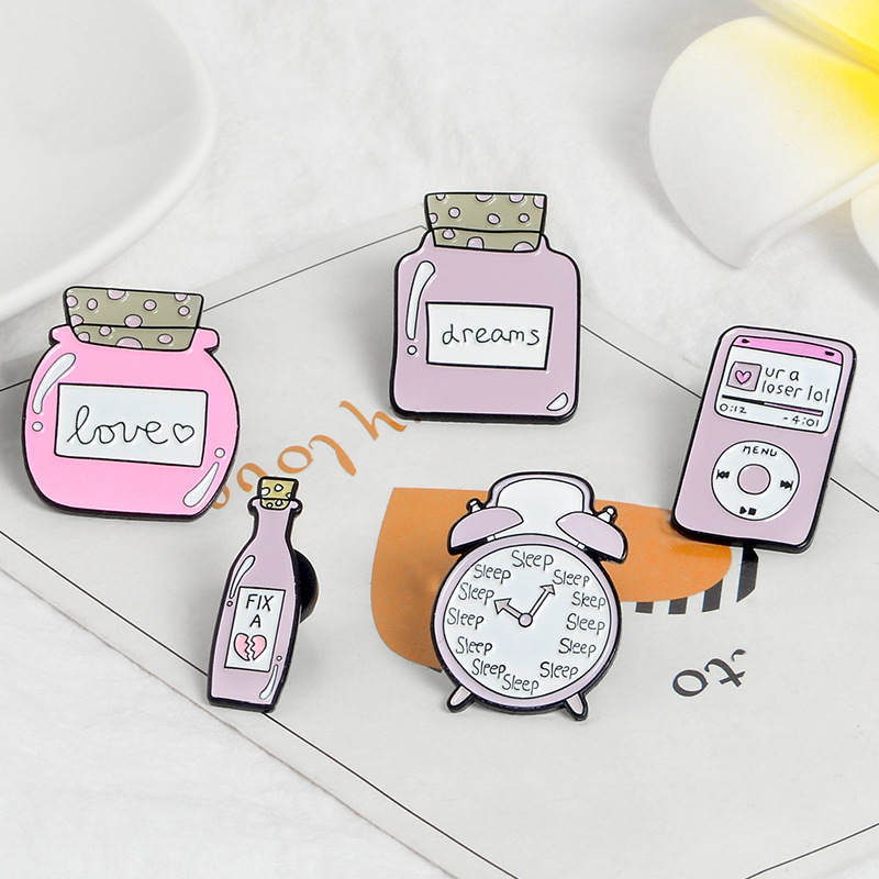 Title 8, Cute Cartoon Pink Alarm Clock Bottle Alloy Brooch