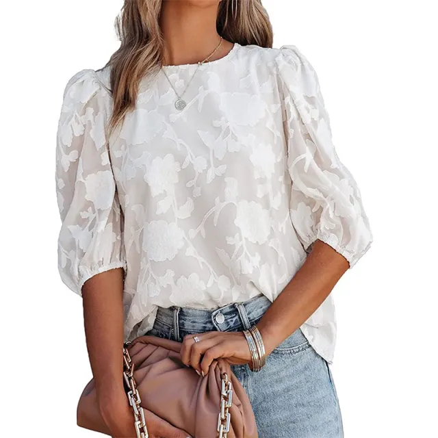 Women's Puff Sleeve Chiffon Loose Top Flower Texture Shirt White - Shop at LoveMi