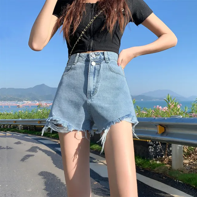 Womens High waisted Loose fitting White Denim Shorts Blue - Shop at LoveMi
