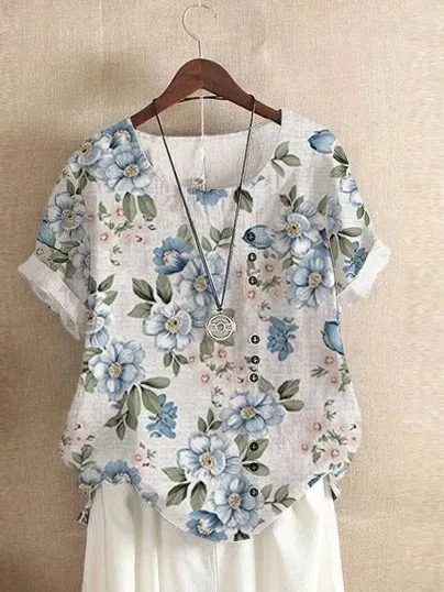Retro Cotton And Linen Printed Loose Casual Shirt Short sleeved T shirt For Women Flower 2 - Shop at LoveMi