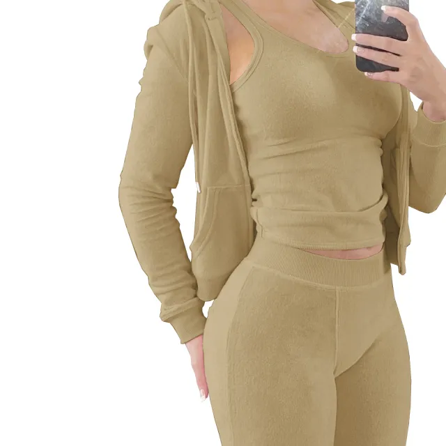 Women's Clothing Double sided Velvet Hooded Vest Three piece Set Khaki - Shop at LoveMi
