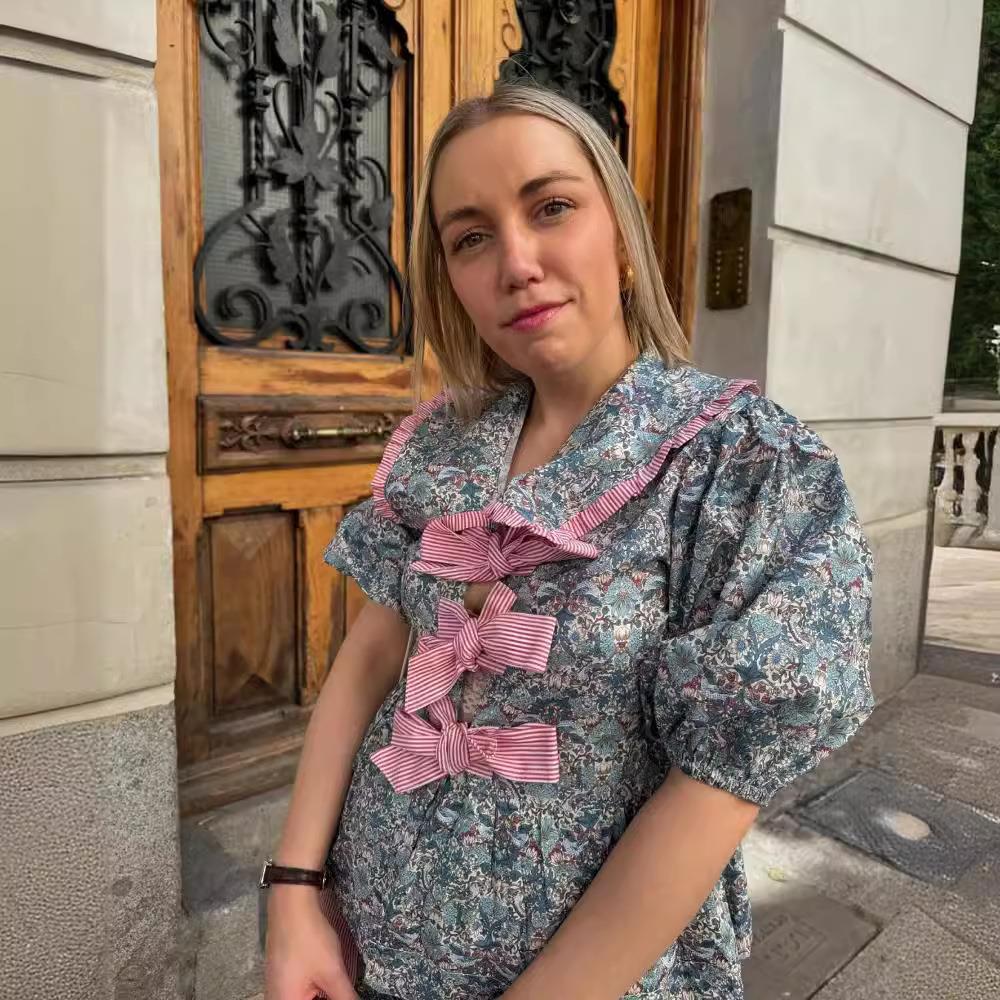 Doll Collar Bow Print Top Printing Color Contrast Trousers