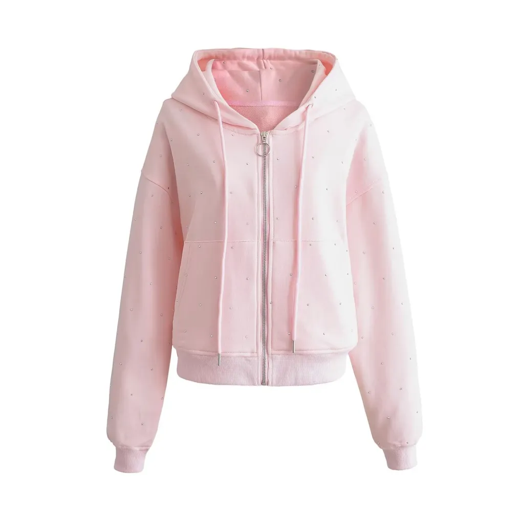 Summer New European And American Style Starry Rhinestone Hoodie With Drawstrings Coat Women's Sweater - Pink