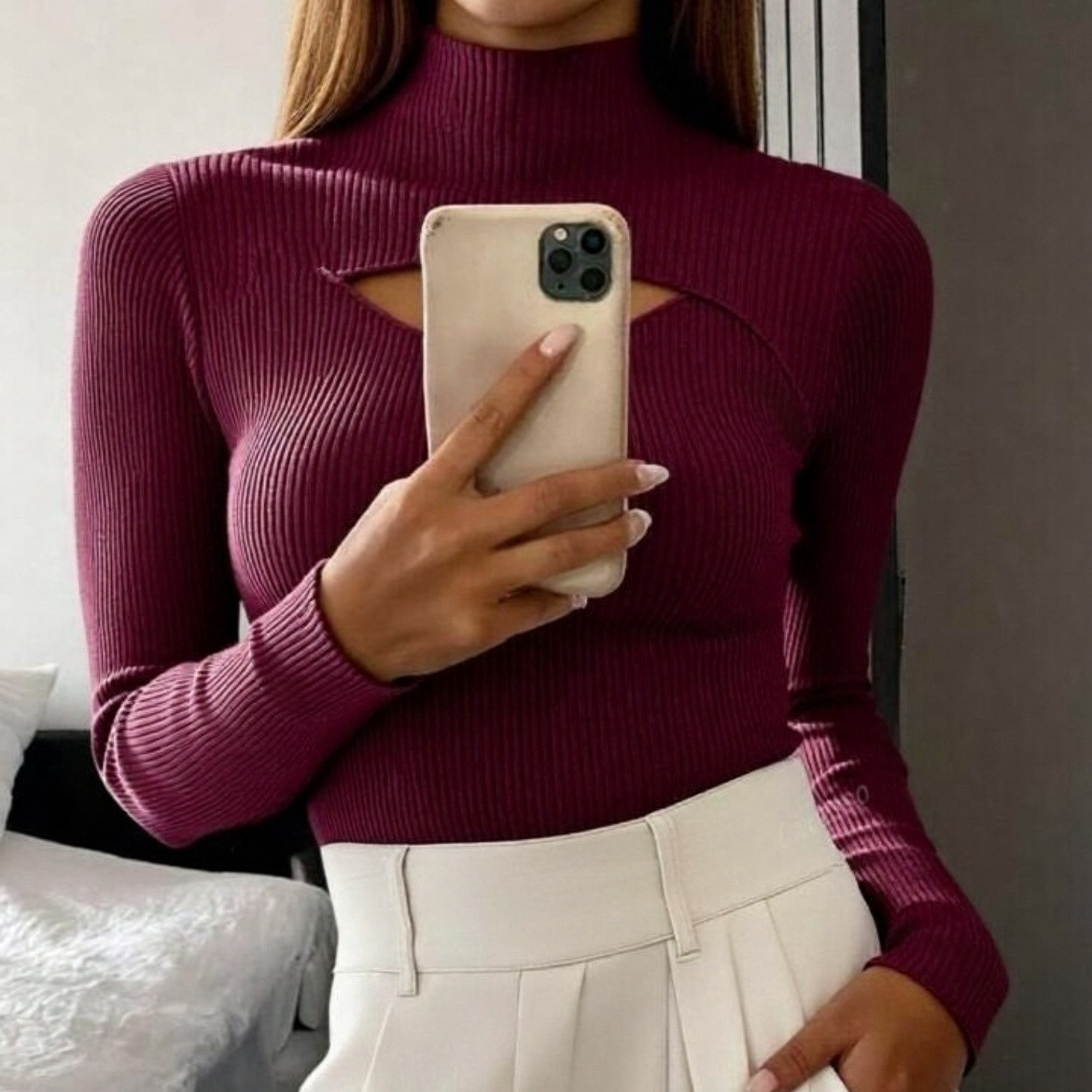 Women's Hollow-out Knit Sweater Mock Neck Sweater