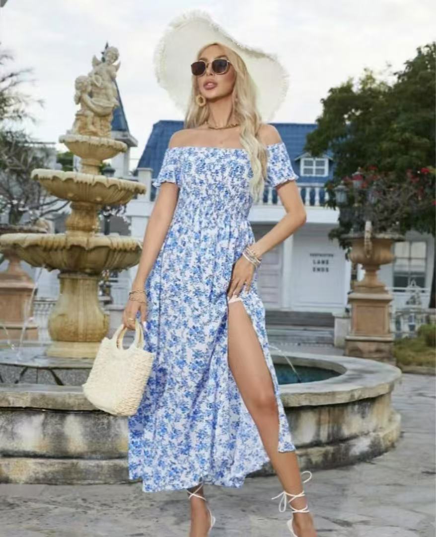 Bohemian Off shoulder Small Floral Dress Sky Blue - Shop at LoveMi