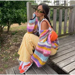 Women's Striped Long Sleeve Rainbow Plaid Cardigan Sweater - Picture Color B - View 1