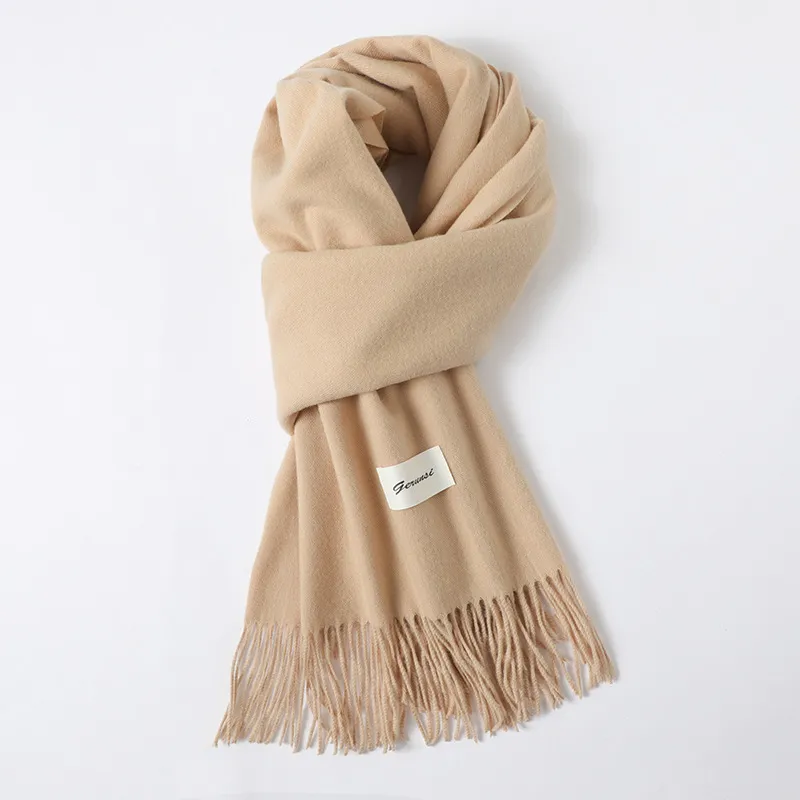 Simple Solid Color Tassel Shawl Autumn And Winter Warm Artificial Cashmere Scarf - Beige Camel