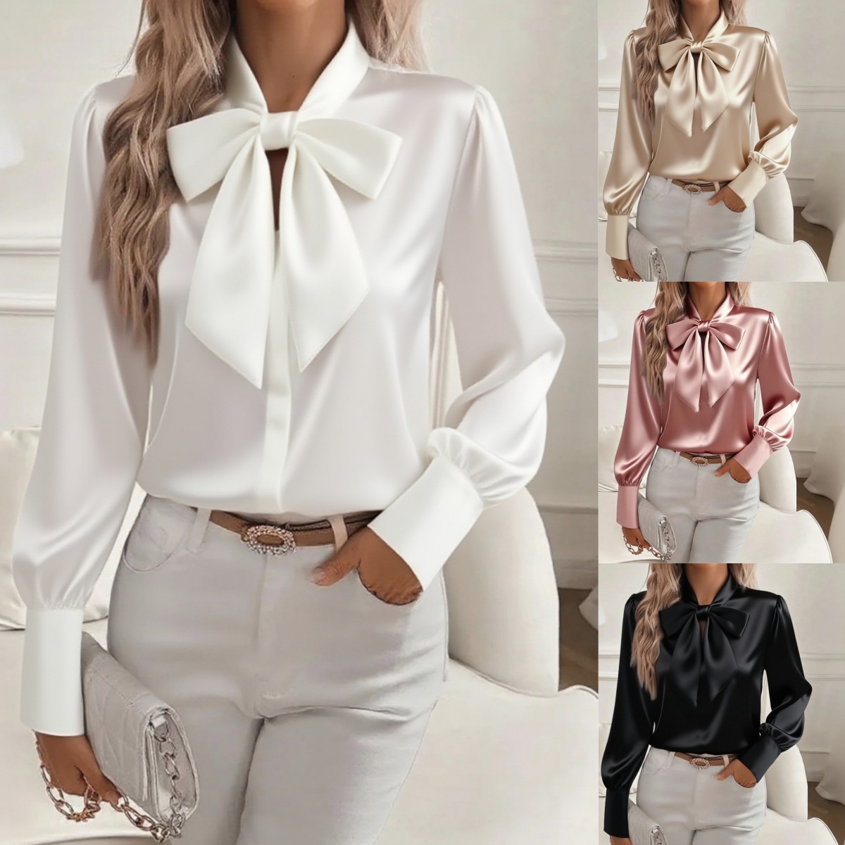 Bow-tie Blouse Fashion Commuting Lace-up Pullover Long-sleeved Top Women's Clothing - Image 3