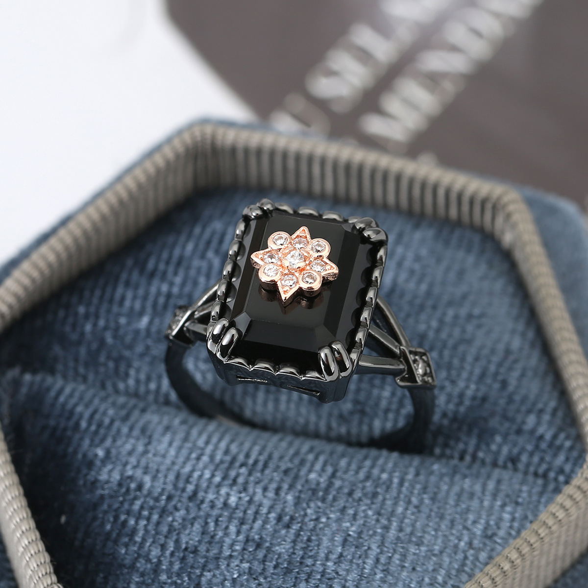 Square Black Onyx Ring With Diamond-encrusted Flower Design