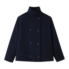 Womens Autumn Fashion Design Short Wool Coat With A Stand Collar And Double-Breasted Buttons - Navy - View 1