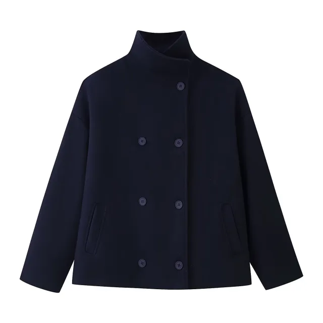 Womens Autumn Fashion Design Short Wool Coat With A Stand Collar And Double Breasted Buttons Blue - Shop at LoveMi