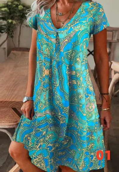 Printed Floral Pattern Round Neck Short Sleeve Dress 01 Style - Shop at LoveMi