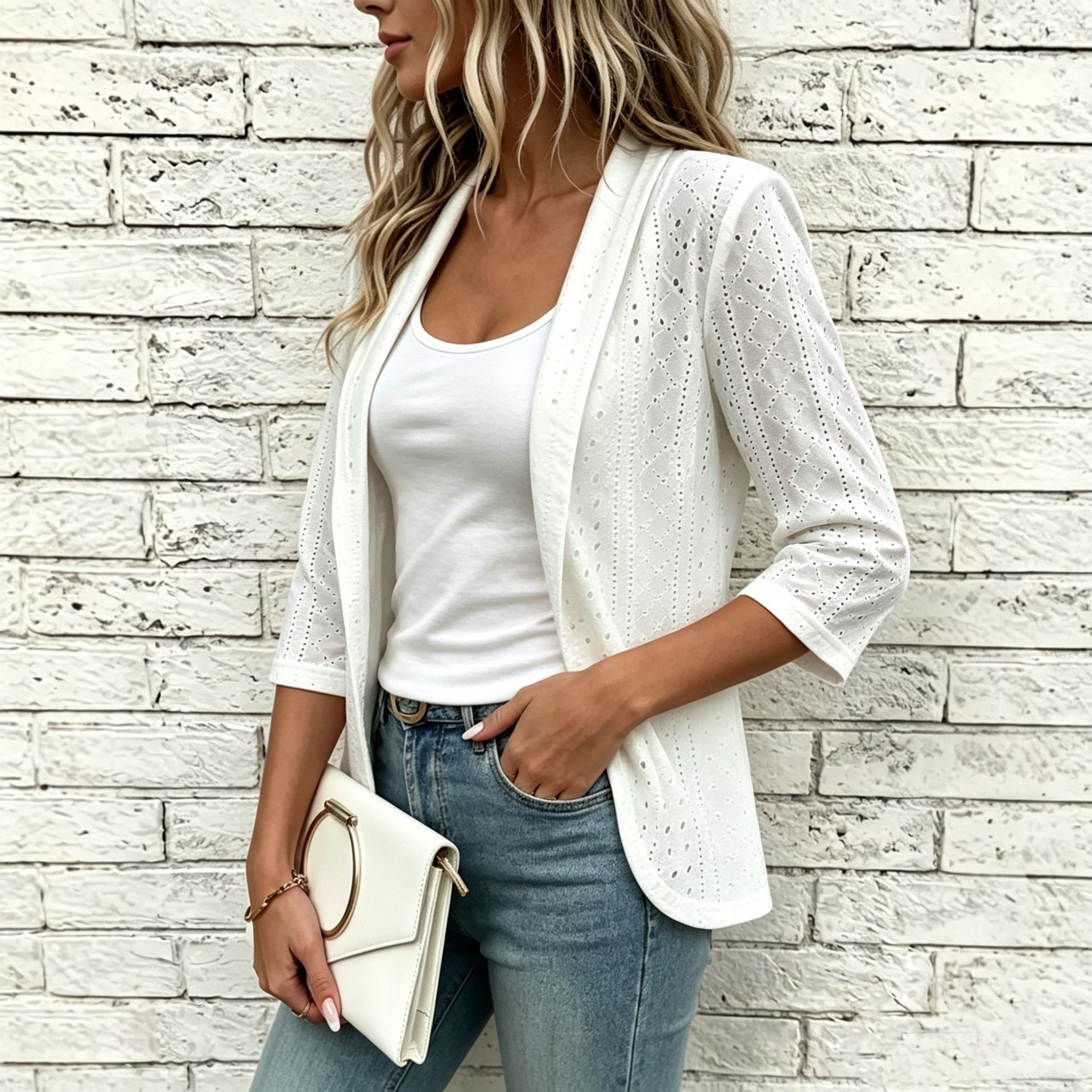 Women's open-front jacket – back view showing eyelet pattern and relaxed blazer silhouette
