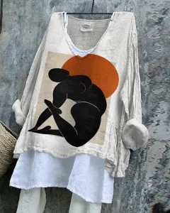 SpringSummer V-neck Long-sleeve Shirt Artistic Retro And Relaxed-fit - Ofs25026092923-M - View 1