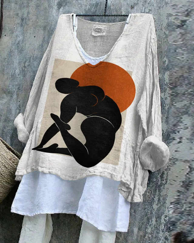 SpringSummer V neck Long sleeve Shirt Artistic Retro And Relaxed fit Ofs25026092923 S - Shop at LoveMi