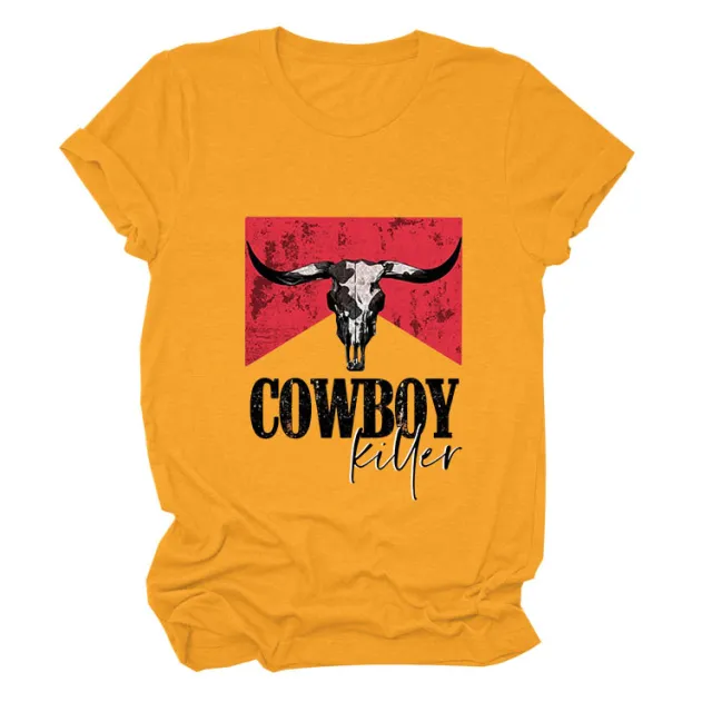 COWBOY KILLER Cow Head Letter Print Short sleeve Loose Women's T shirt Mustard Yellow Color Picture - Shop at LoveMi
