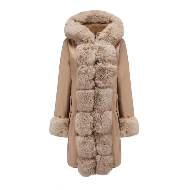 Women's Cotton padded Coat Detachable Fur Collar Mid length Long Sleeve Parka Khaki - Shop at LoveMi