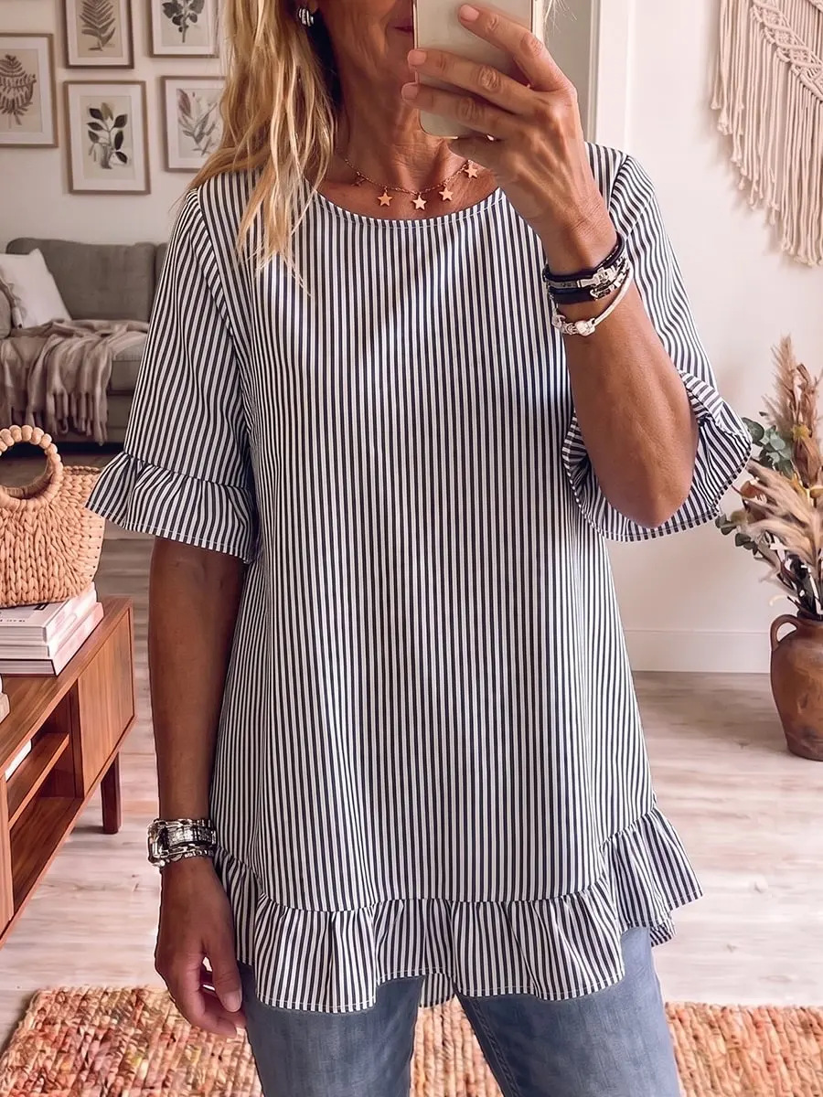 Women's striped ruffle-sleeve loose-fit blouse in sky blue – three-quarter sleeve casual top