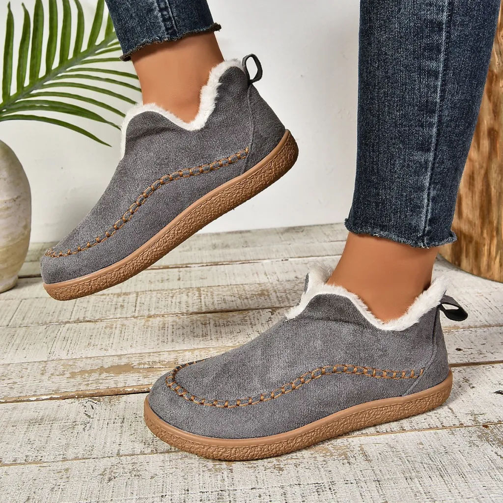 Women's Outdoor Round Head Plus Velvet Warm Slip-on Snow Boots - Gray
