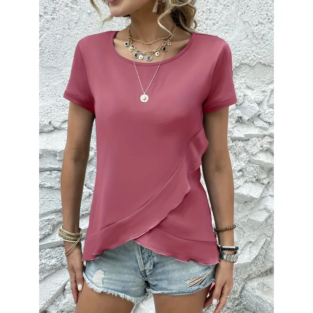 Women's Summer New Slim Fit Slimming Flounce Short Sleeve T shirt Top Red - Shop at LoveMi